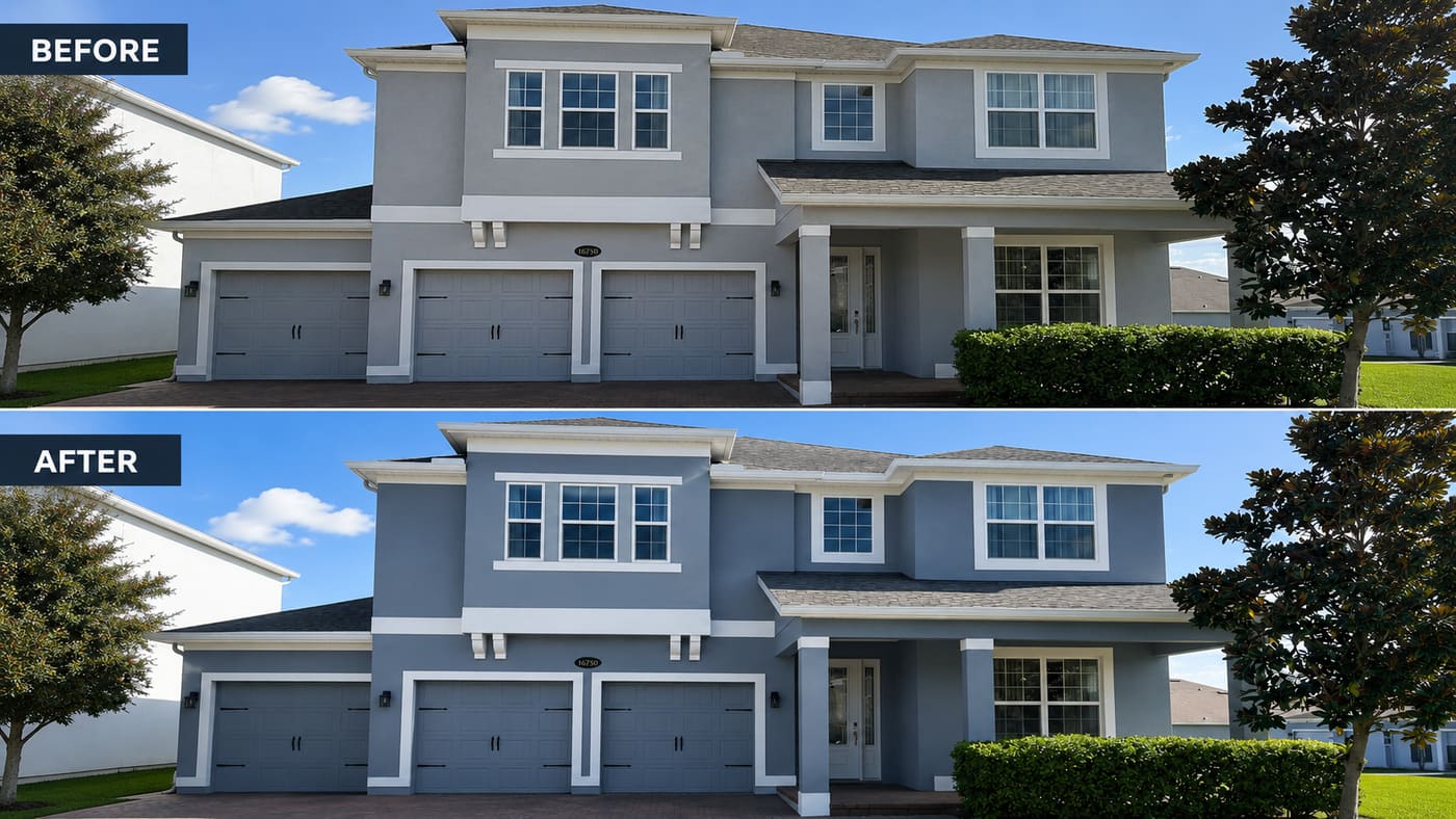 Before and after: full exterior repaint in Kissimmee, front view