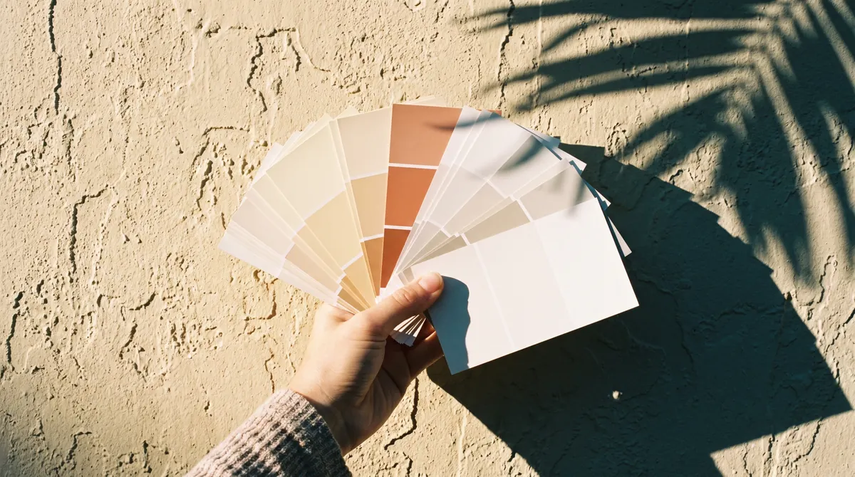 A fan of paint colour chips held against a stucco wall, half in bright sun and half in shade