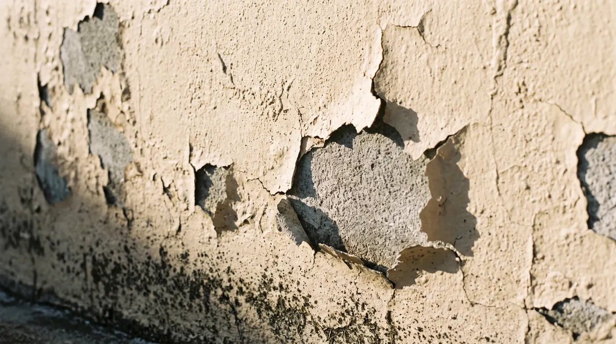 Sun-bleached exterior paint peeling and blistering off a Florida stucco wall, with mildew along the lower edge