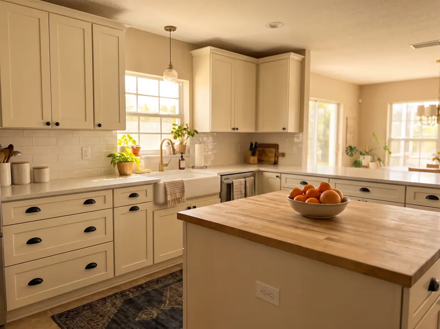 Kitchen with cabinets refinished in a smooth sprayed off-white satin finish with matte black hardware