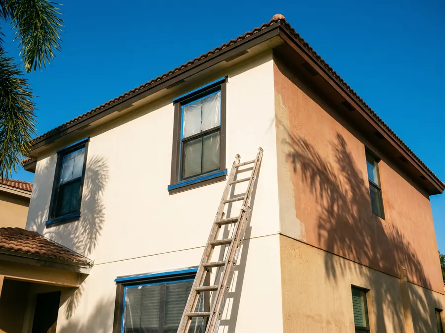 A Florida stucco home part-way through an exterior repaint, one elevation freshly coated