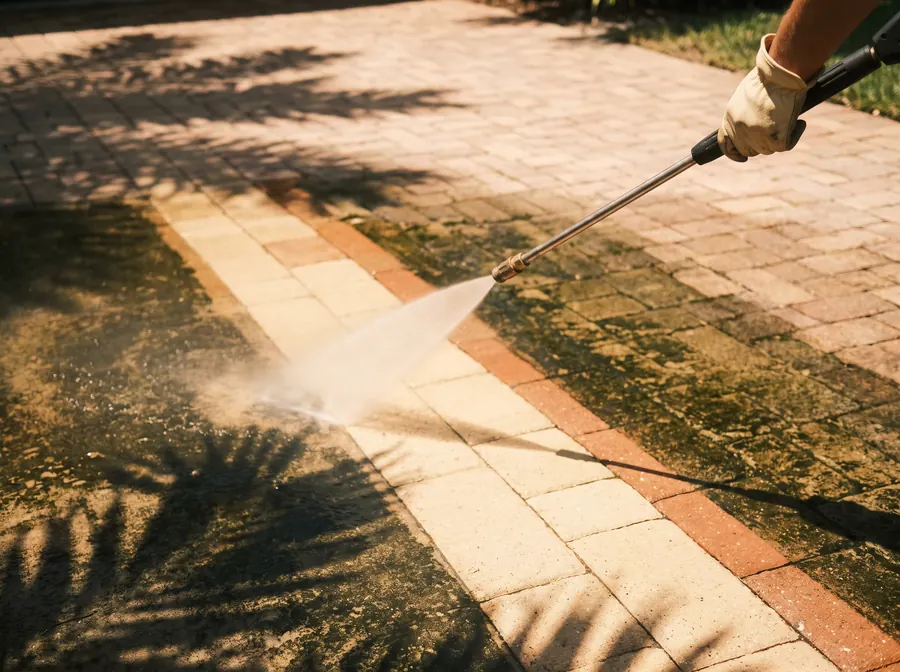 Pressure washing a paver driveway, a clean restored stripe cut through algae-darkened pavers